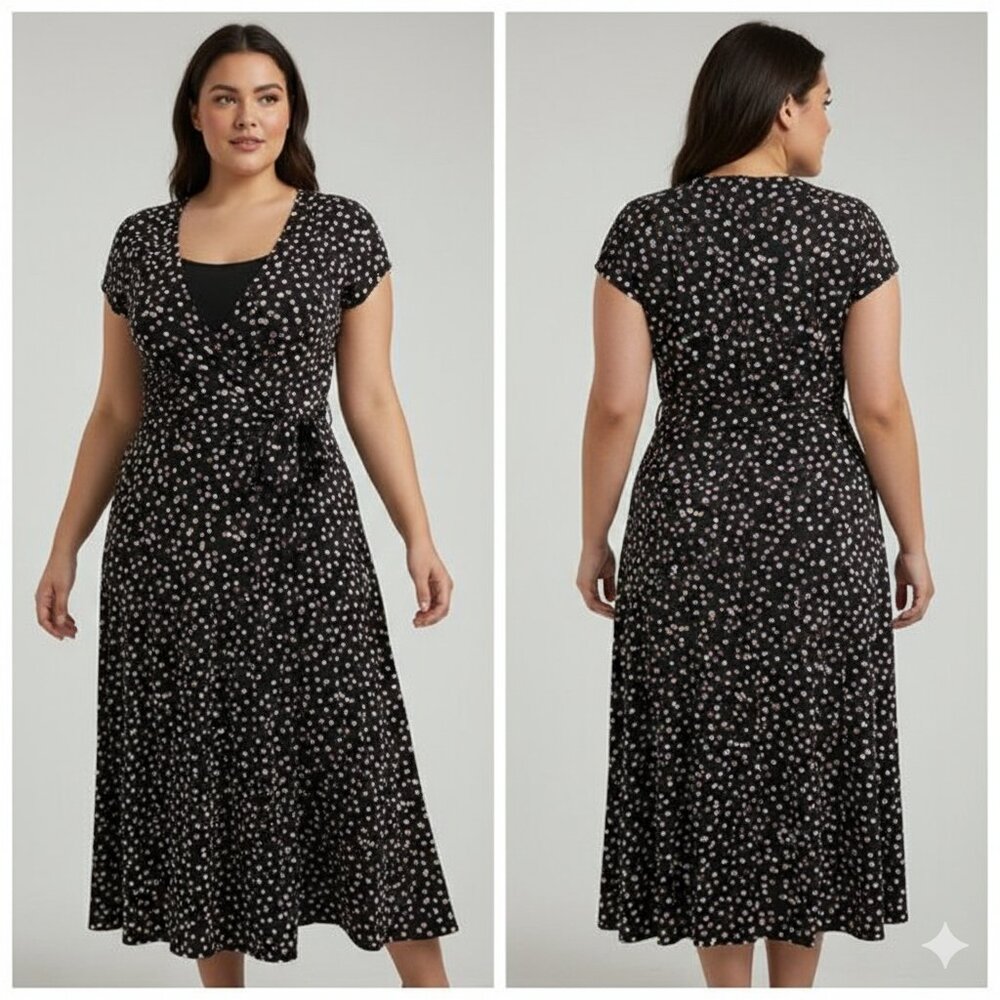 STYLE & CO  "Bora Bora" Surplice Polka Dot Midi Dress, Black/Tan/Dark Pink XL